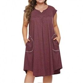IN'VOLAND Women's Plus Size Nightgown Short Sleeve Sleepwear V-Neck Nightshirt with Pockets