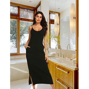 LOMON Nightgowns for Women Cotton Spaghetti Strap Slit Maxi Dress S-XXL