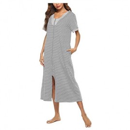 MiiKARE Brumoco Women Zipper Front Robe Short Sleeve/Half Sleeve Stripe Nightgown Long Housecoat with Pockets S-XXL