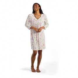 Miss Elaine Nightgown - Women's Short Sofiknit Nightgown V- Neckline with Bow and Short Flutter Sleeves Trimmed in Lace