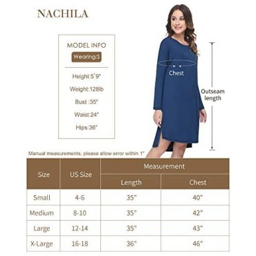 NACHILA Womens Long Sleeve Nightgown Soft Bamboo Sleepwear Scoop Neck Loungewear S-XL