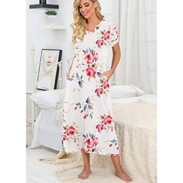 PrinStory Womens Long Nightgown Short Sleeve Nightshirt V-Neck Soft Loungewear Casual Sleepwear With Pockets