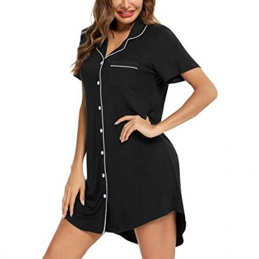 Samring Nightgown for Women Sleep Shirt Short Long Sleeve Sleepwear Silk Nightshirt Button Down Pajama Dress S-XXL