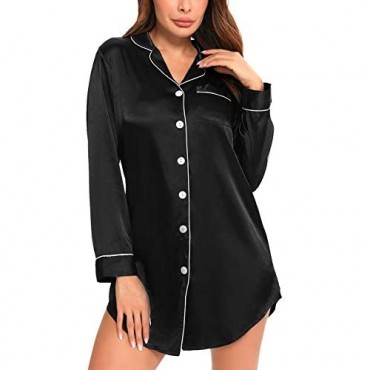 SWOMOG Women's Satin Sleep Shirt Long Sleeve Sleepwear Silk Nightshirt Button Down Pajama Top