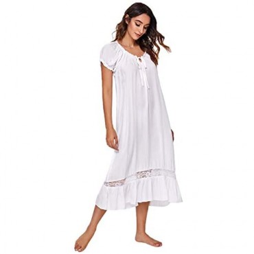Verdusa Women's Lace Nightdress Short Sleeve Victorian Nightgown Sleepwear Pajama
