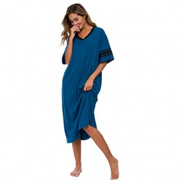 Vslarh Women's Nightgown V Neck Loungewear Short Sleeve Sleepwear Full Length Sleep Shirt with Pockets S-XXL