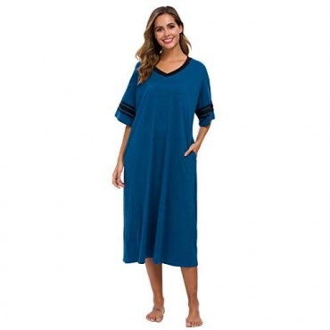 Vslarh Women's Nightgown V Neck Loungewear Short Sleeve Sleepwear Full Length Sleep Shirt with Pockets S-XXL
