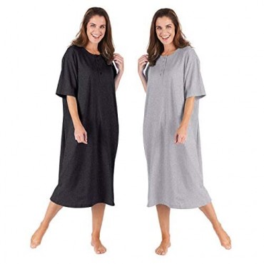 Women's 2-Pack Long Henley Nightshirts - Pajama Sleep Shirt Set Plus