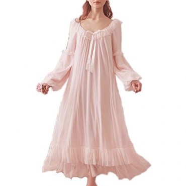 Women's Vintage Victorian Nightgown Long Sleeve Sheer Sleepwear Pajamas Nightwear Lounge Dress