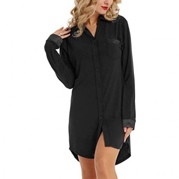 Zexxxy Women's Long Sleeve Pajama Top Nightgown Button Down Nightshirt Sleepwear Lapel Sleep Shirt Nightdress