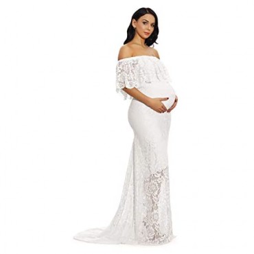 ZIUMUDY Women's Off Shoulder Ruffles Lace Maternity Gown Maxi Photography Baby Shower Dress