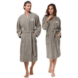 AW BRIDAL Couple's Terry Cotton Kimono Robe Spa Bathrobe Set - Unisex Hotel Robe with Elegant Script Embroidery