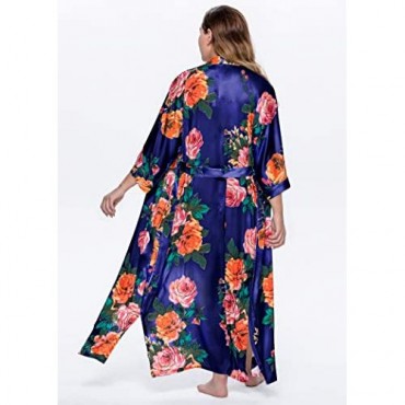 BABEYOND Kimono Robe Plus Size Long Floral Satin Robes Plus Size Kimono Cover Up Loose Cardigan Top Bachelorette Party Robe