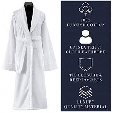 Classic Turkish Towel Velour Shawl Bathrobe - Plush Silky Soft Long Robe Made with 100% Turkish Cotton (White Velour) One Size