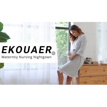 Ekouaer Maternity Robe - Labor and Delivery Nursing Bathrobes Striped Lace Trim Kimono Nightgown
