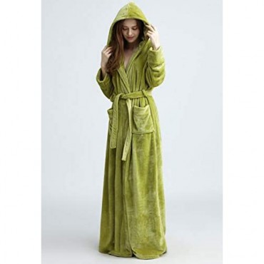 Flygo Womens Fuzzy Plush Long Hooded Robe Full Length Flannel Fleece Bathrobe Warm Housecoat