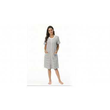 IZZY + TOBY Womens Zipper Robe Short Sleeve Striped Nightgown Long House Coat with Pockets Lightweight Sleepwear