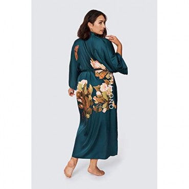 KIM+ONO Women's Plus Size Charmeuse Kimono Robe Long - Watercolor Floral
