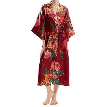 MORFORU Women Silky Long Robes Bride Bridesmaid Satin Floral Kimono Bridal Party Peony-Printed Sleepwear Lounge Wear