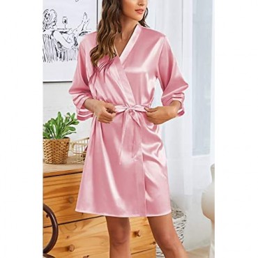 Newchoice Women's Short Kimono Silky Robes Nightgown 3/4 Sleeve Bride Party Satin Robes Sleepwear with Pockets
