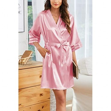 Newchoice Women's Short Kimono Silky Robes Nightgown 3/4 Sleeve Bride Party Satin Robes Sleepwear with Pockets
