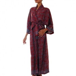 NOVICA Burgundy Gray Handmade Floral Batik Long Robe 'Morning Aster'