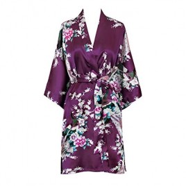 OLDSHANGHAI Women's Satin Kimono Robe Short - Peacock & Blossoms