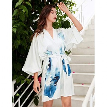 PRODESIGN Short Kimono Robe Satin Sleepwear Silky Kimono Nightgown Bathrobe Floral Kimono Cardigan Cover Up