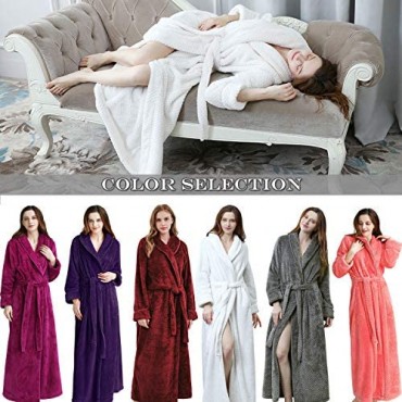 Womens Robe Long Fleece Bathrobe Warm Waist Belt Super Soft Spa Plush Full Length Bath robe with Shawl Collar