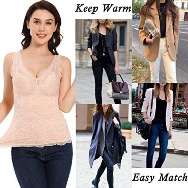 Lace Thermal Shirts for Women Sleeveless V-Neck Fleece Lined Winter Camisole Tops Vest
