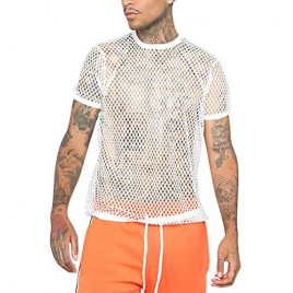 Men's Fishnet Shirts Tank Top - Summer Short Sleeve Mesh See Through Shirt White