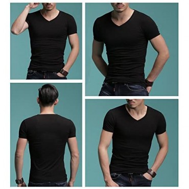 Men's Tagless Slim Fit Top Muscle Cotton V-Neck Crewneck Short Sleeve Undershirts T-Shirts