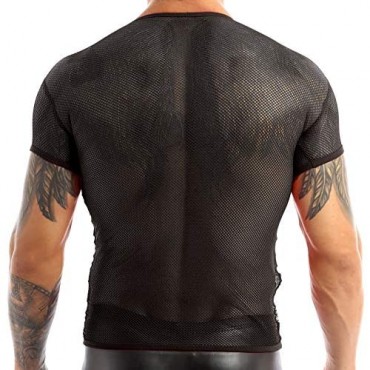 QinCiao Men's Mesh Sheer See Through Fishnet T-Shirt Casual Sexy 80s Lingerie Tees Tops Clubwear