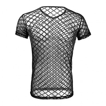 TiaoBug Men Short Sleeve T-Shirt Top Fishnet Mesh Clubwear Undershirt