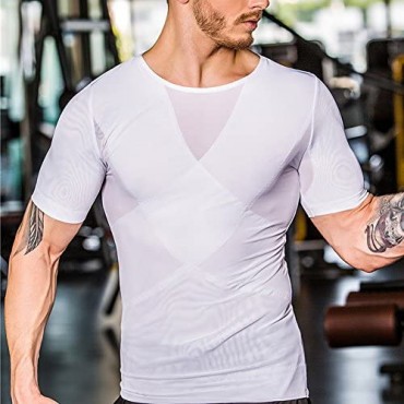 Mens Slimming Shapewear with Zipper Shirt Top Body Shaper Net Nylon Compression T-Shirts