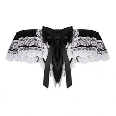 JEEYJOO Men's Shiny Satin Ruffled Floral Lace Bikini Briefs Girly French Maid Underwear
