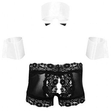 Mufeng Men's Lace Trim Bikini Boxer Underwear Tuxedo Cosplay Briefs with Bow Tie Collar and Cuffs