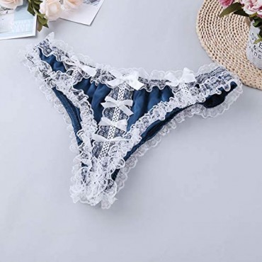 QinCiao Men's Shiny Satin Pouch Low Rise Floral Lace Maid Lingerie Bikini Sissy Panties