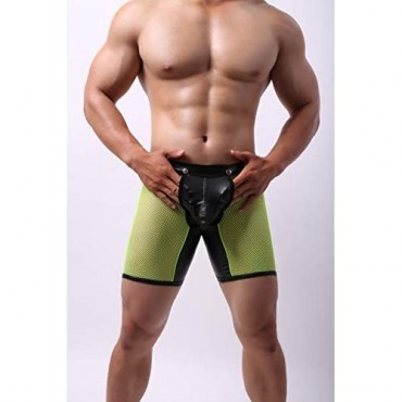 Evankin Men's See Through Sexy Mesh with Faux Leather Loose Shorts Pants Erotic Clubwear Button Removable Pouch