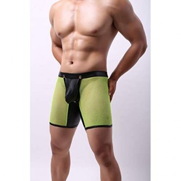 Evankin Men's See Through Sexy Mesh with Faux Leather Loose Shorts Pants Erotic Clubwear Button Removable Pouch