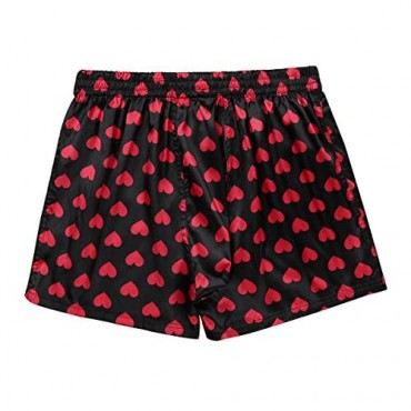 Hansber Mens Love Heart Print Boxers Shorts Silky Satin Elastic Waist Lounge Shorts Underwear Sleepwear