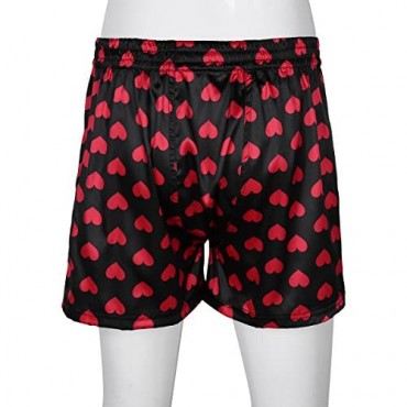 Hansber Mens Love Heart Print Boxers Shorts Silky Satin Elastic Waist Lounge Shorts Underwear Sleepwear