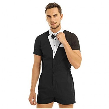 moily Men's Bow Tie Tuxedo Shirt Jumpsuit Romper Gentleman Boxers Shorts Overalls Party Clubwear