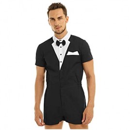 moily Men's Bow Tie Tuxedo Shirt Jumpsuit Romper Gentleman Boxers Shorts Overalls Party Clubwear