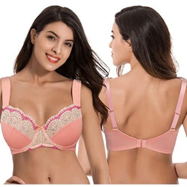Curve Muse Plus Size Minimizer Underwire Bra with Lace Embroidery-2 Pack