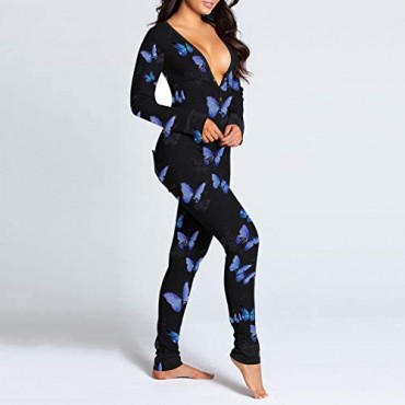 QCool Women's Deep V Neck Butt Flap Pajamas Onesie Sexy Bodycon Bodysuit Long Sleeve One Piece Jumpsuit Rompers Sleepwear