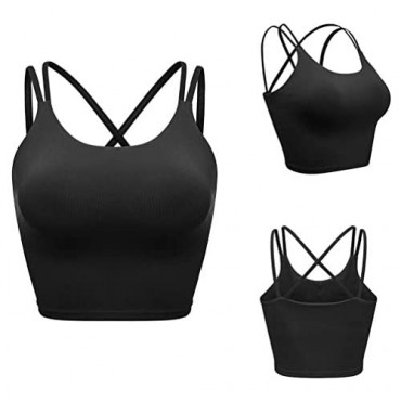 Women's Longline Strappy Sports Bra Cross Back Padded Camisole Yoga Tank Top Workout Crop Top