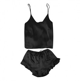 ZEFOTIM✿Women Sleepwear Sleeveless Strap Nightwear Lace Trim Satin Cami Top Pajama Sets
