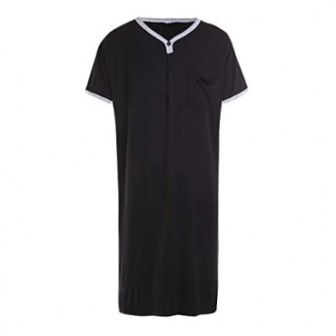 QILINXUAN Men's Nightshirts V Neck Cotton Sleepwear Short Sleeve Big&Tall Sleeping Shirt Comfy Loose Nightwear