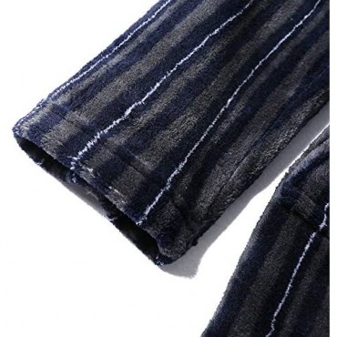 AOEMQ Men's Fleece Warm Bathrobe Stripes Long Robe with Sashes